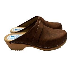 Swedish Wooden Leather Clogs Brown Slip On EU 39 US 8 Made in Sweden